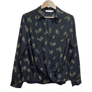 All In Favor Blouse L Long Sleeve Floral Black Gathered Hem Dark Fairy Office